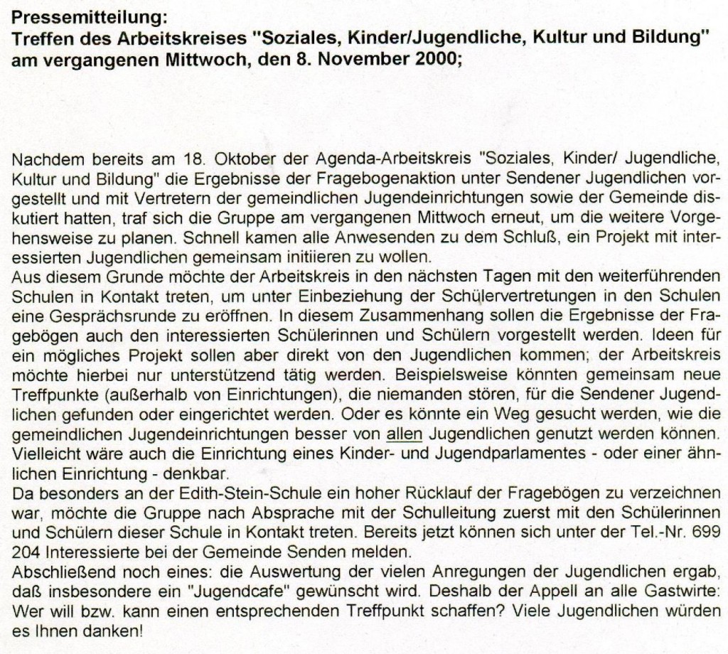 Pressemitteilung des Hauptamtes der Gemeinde Senden (Täger) vom 14.11.2000