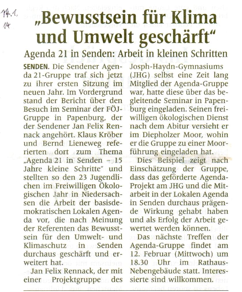 Berichterstattung Westf. Nachrichten vom 14.01.2014