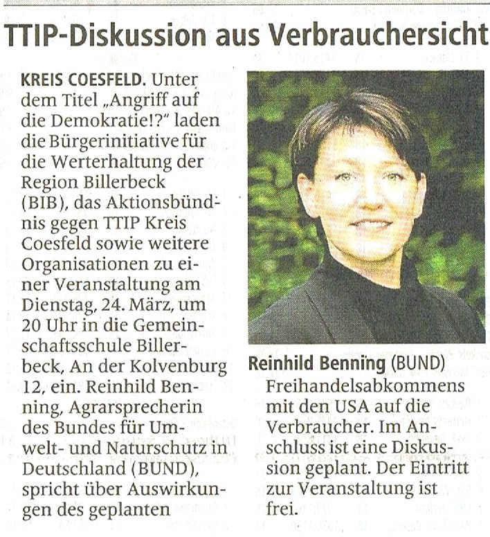 Reinhild Benning in den WN angekündigt.